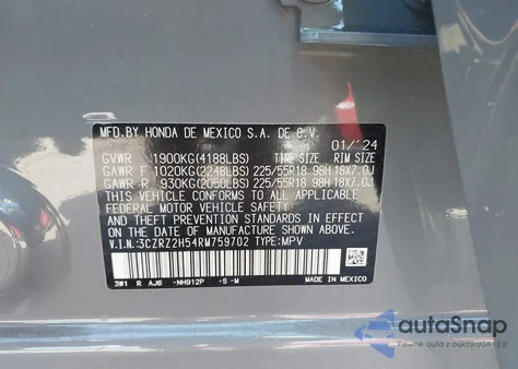 2024 Honda Hr-V Awd Sport/Awd Sport W/O Bsi from USA, damaged, VIN 3CZRZ2H54RM759702